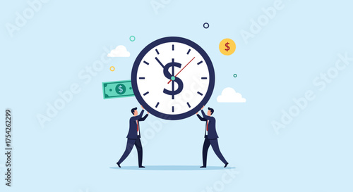 Time is money concept illustration with two business people holding a clock representing financial value and strategic decision making.