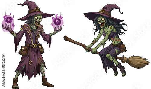 Creepy zombie witches illustration, undead sorceress with broomstick, dark magic spell casting, Halloween fantasy art, evil witch characters design.