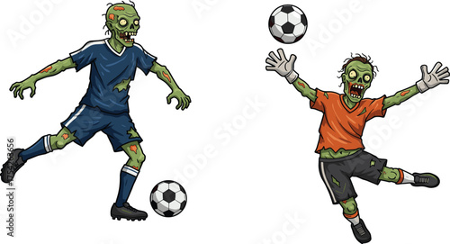 Zombie football players illustration, undead soccer athletes in action, horror sports art, creepy Halloween design, fantasy undead game character artwork.