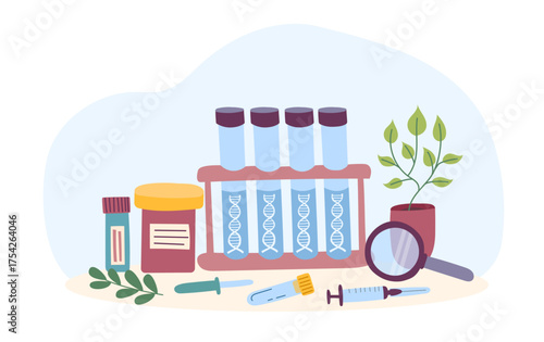 Genetic laboratory research tools for DNA testing. Vector flat illustration.