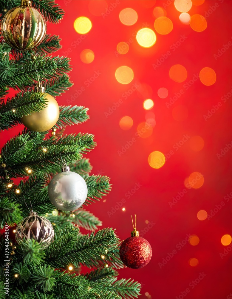 Fototapeta premium Festive christmas tree decorations with red and gold balls on pine branches for the winter holiday season