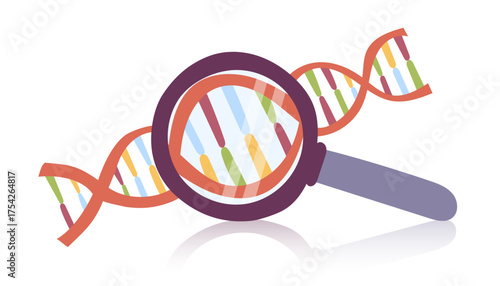 DNA analysis concept, magnifying glass zooming genetic code. Vector flat clipart.