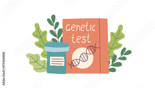 Vector illustration of a home DNA testing kit with a container and packaging. Concept of genetic research, ancestry testing, personalized medicine and modern biotechnology. Vector flat clipart.