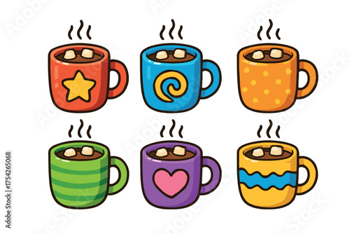Colorful mugs with hot chocolate and marshmallows for winter joy. Set of 6 vector illustration