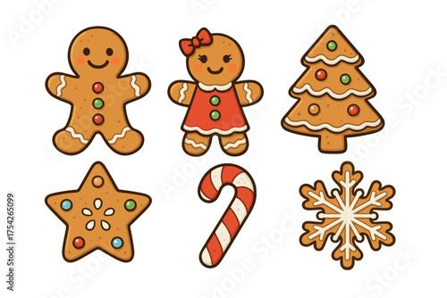 Festive gingerbread cookies and candy cane for holiday celebration. Set of 6 vector illustration