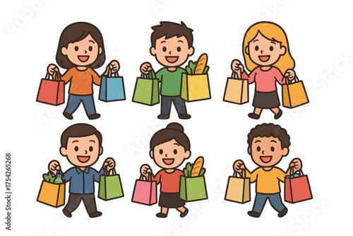 Happy shoppers carrying colorful bags after a successful market trip. Set of 6 vector illustration