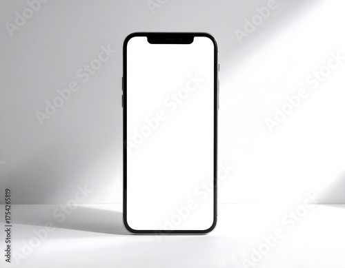 A sleek black smartphone stands upright with a blank white screen, set against a bright white background with subtle shadow play.