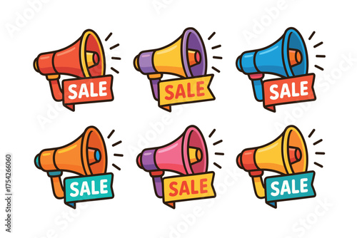 Colorful megaphones announcing a sale promotion and discount event. Set of 6 vector illustration