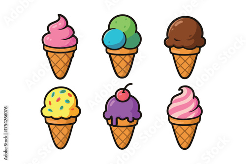 Fun ice cream cones with various flavors for summer enjoyment. Set of 6 vector illustration