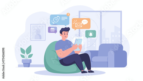 Modern flat illustration of a young man relaxing on a beanbag chair, engrossed in his smartphone, surrounded by notification icons representing messages, calendar events, and alerts, symbolizing