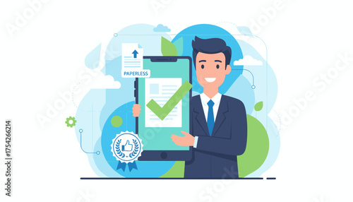 Quality Assurance and Guarantee Concept: A smiling businessman in a suit proudly presents a smartphone displaying a digital document with a large green checkmark, signifying paperless operations and