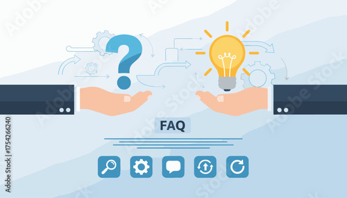 Conceptual illustration of problem-solving and idea generation, with a question mark on one hand and a lightbulb on the other, symbolizing the journey from inquiry to innovation, supported by gears