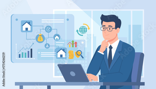 Thoughtful businessman in a suit and glasses sits at a desk with a laptop, contemplating a digital interface displaying real estate investment concepts, including charts, houses, money bags, and