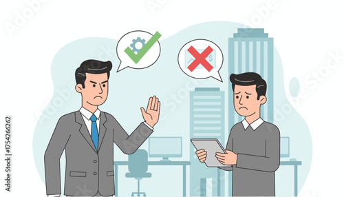 Two businessmen in an office setting, one with an angry expression and a hand raised in rejection, the other looking sad and holding a tablet, symbolizing disagreement and negative feedback in a