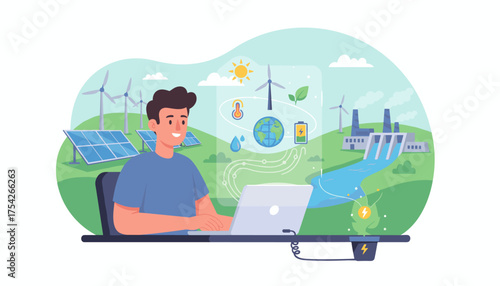 A young man uses a laptop to monitor renewable energy sources, including solar panels and wind turbines, alongside a hydroelectric dam and a plant symbolizing green energy growth, illustrating