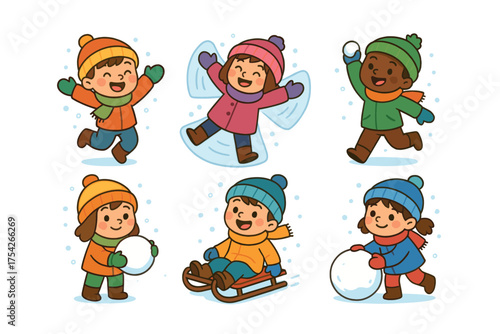Joyful kids enjoying winter fun with snow activities. Set of 6 vector illustration
