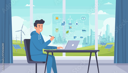 Man working on laptop, interacting with a digital interface displaying renewable energy sources like solar panels and wind turbines, symbolizing smart city technology and sustainable future