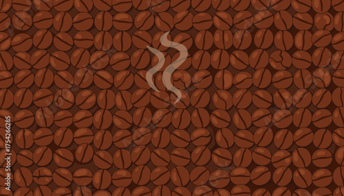 A modern, flat vector illustration showcasing a seamless pattern of roasted coffee beans with a subtle wisp of steam rising, perfect for cafe menus, beverage branding, and breakfast-themed designs