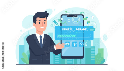 Modern businessman in a suit presenting a smartphone displaying a digital upgrade progress bar and icons for camera, Wi-Fi, cloud storage, and battery, set against a backdrop of stylized city