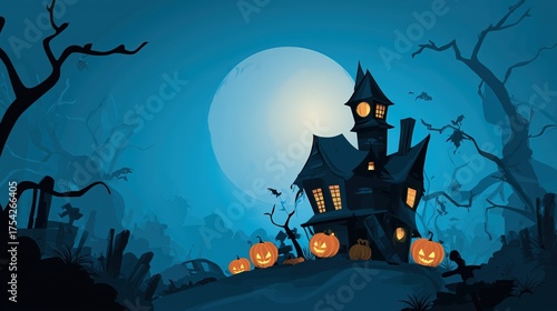 Halloween cartoon vector illustration on blue background with haunted house, pumpkins, and full moon, perfect for digital posters and holiday themes.