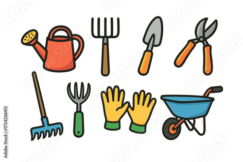 Essential gardening tools for a productive outdoor experience. Set of 6 vector illustration