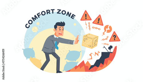 Businessman hesitates at the edge of his comfort zone, pushing back against change and the unknown, symbolized by a cube with arrows and warning signs indicating risk and uncertainty.