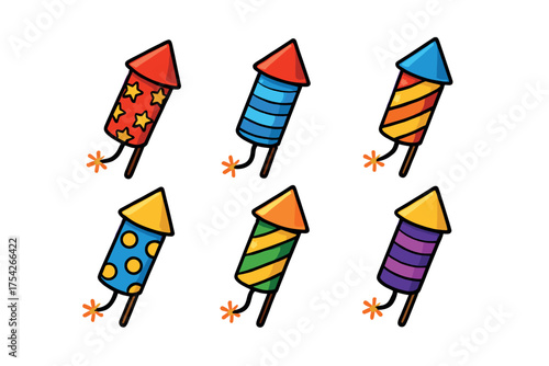 Colorful fireworks rockets for celebration and festive occasions. Set of 6 vector illustration