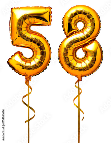 数字の58の形の金色の風船とリボン（Number 58 gold foil balloon on white background）

