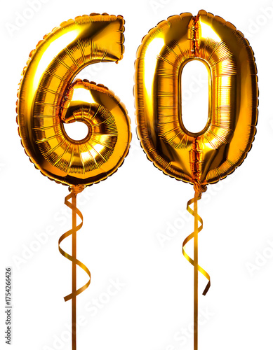 数字の60の形の金色の風船とリボン（Number 60 gold foil balloon on white background）
