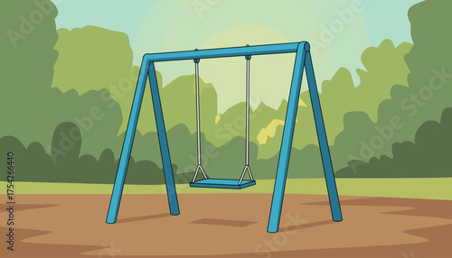 A solitary blue swing set stands empty in a park, its vibrant color contrasting with the soft, blurred green foliage and brown ground, evoking a sense of quietude and childhood nostalgia on a bright