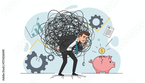 Stressed businessman tangled in a web of work problems and financial worries, with broken gears and a cracked piggy bank symbolizing business failure and anxiety, against a backdrop of charts and