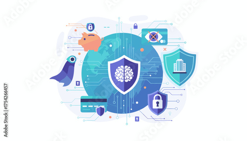 Vibrant digital illustration of cybersecurity for business, featuring a piggy bank, credit card, and building protected by shields, symbolizing data protection, financial security, and privacy in the
