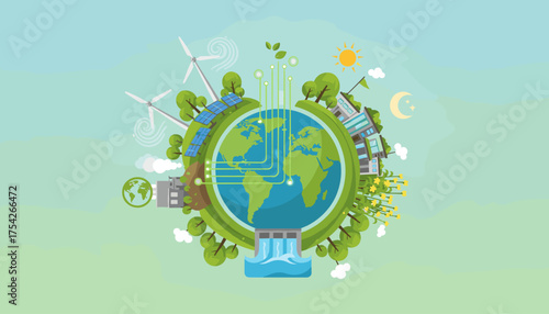 Vibrant illustration of a sustainable planet Earth, showcasing renewable energy sources like wind turbines, solar panels, and a hydroelectric dam, integrated with modern cityscapes and lush greenery