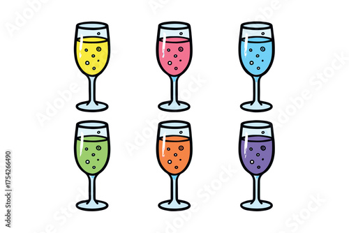 Colorful drinks for summer celebration and party events. Set of 6 vector illustration