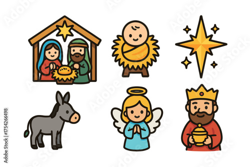 Christmas nativity scene with characters and star decoration. Set of 6 vector illustration