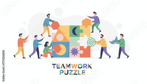Vibrant flat illustration of a diverse team of people collaborating to assemble a colorful puzzle, symbolizing teamwork, unity, and problem-solving in a modern business or project context, with