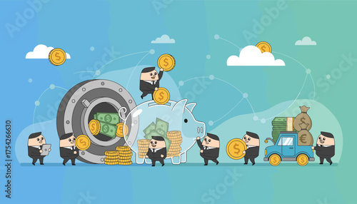 Vibrant cartoon illustration depicting a financial services concept with tiny businessmen depositing coins into a large piggy bank, loading money bags onto a truck, and interacting with a vault