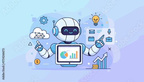 Vibrant vector illustration of a friendly cartoon robot assistant, symbolizing artificial intelligence and automation in business, presenting data analytics on a tablet screen with charts and graphs