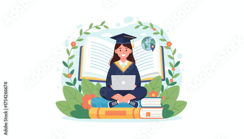 Vibrant vector illustration of a happy female student in graduation attire, sitting cross-legged on a stack of books with a laptop, symbolizing education, knowledge, and academic achievement