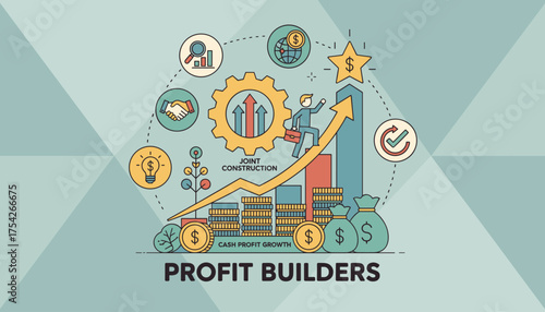 Vibrant vector illustration depicting investment management and profit growth, featuring a businessman climbing an upward arrow graph, gears symbolizing joint construction, stacks of coins, money