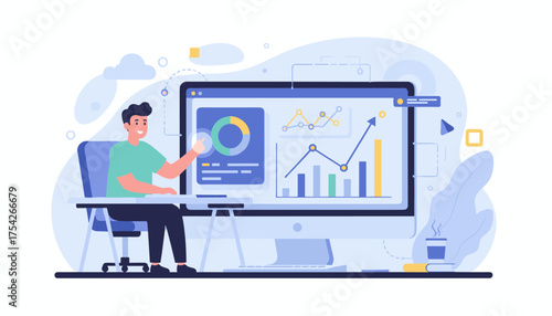 Modern flat vector illustration of a young man analyzing financial data and charts on a computer screen, showcasing business growth and analytics, perfect for technology and business concepts.