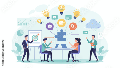 Vivid vector illustration depicting a dynamic business teamwork concept, showcasing collaboration, idea generation with lightbulbs, puzzle piece integration, data analysis charts, and communication