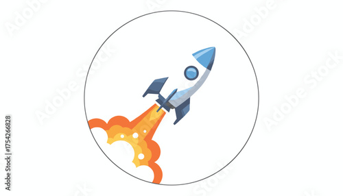 Vivid 3D illustration of a sleek, white and blue rocket launching upwards with fiery orange exhaust and white smoke plumes, symbolizing project success, space exploration, and technological