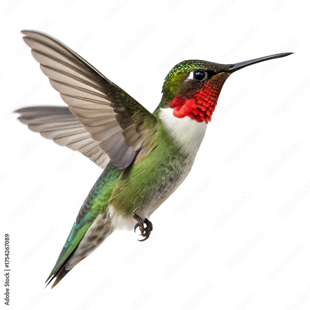 Fototapeta premium Rubythroated hummingbird in flight, isolated on transparent background