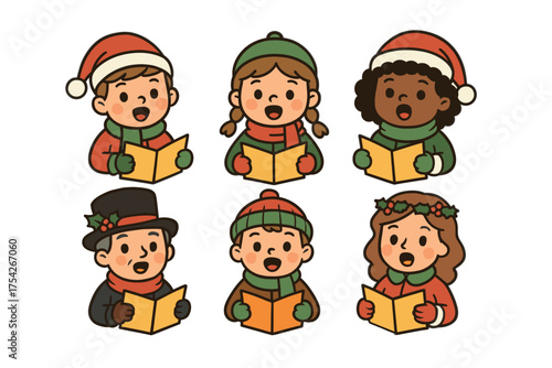 Cheerful children singing carols during the holiday season. Set of 6 vector illustration
