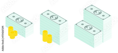 Isometric American dollars stacks and gold coins stacked in a pile. Isolated cartoon vector on white background top view