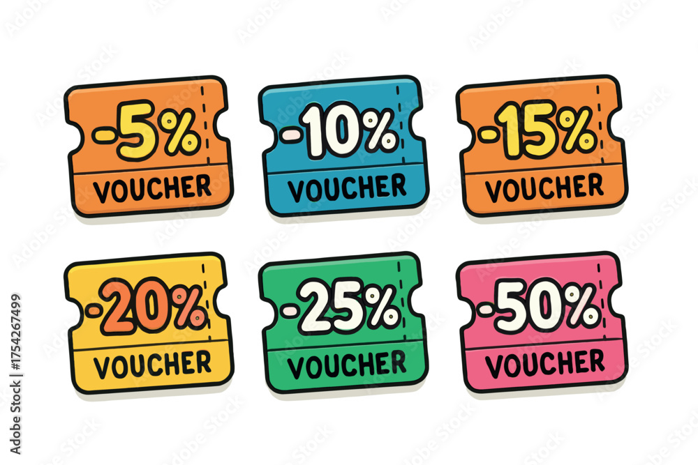 Obraz premium Colorful discount vouchers for savings and promotions in shopping. Set of 6 vector illustration