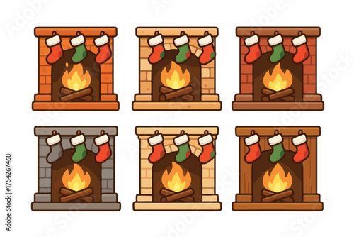 Christmas fireplace design with colorful stockings and warm fire. Set of 6 vector illustration
