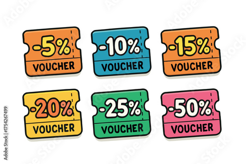 Colorful discount vouchers for savings and promotions in shopping. Set of 6 vector illustration