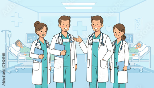 A diverse team of four smiling doctors, two men and two women, stand in a hospital room with patients in beds, ready to provide care and treatment, symbolizing healthcare professionals and medical